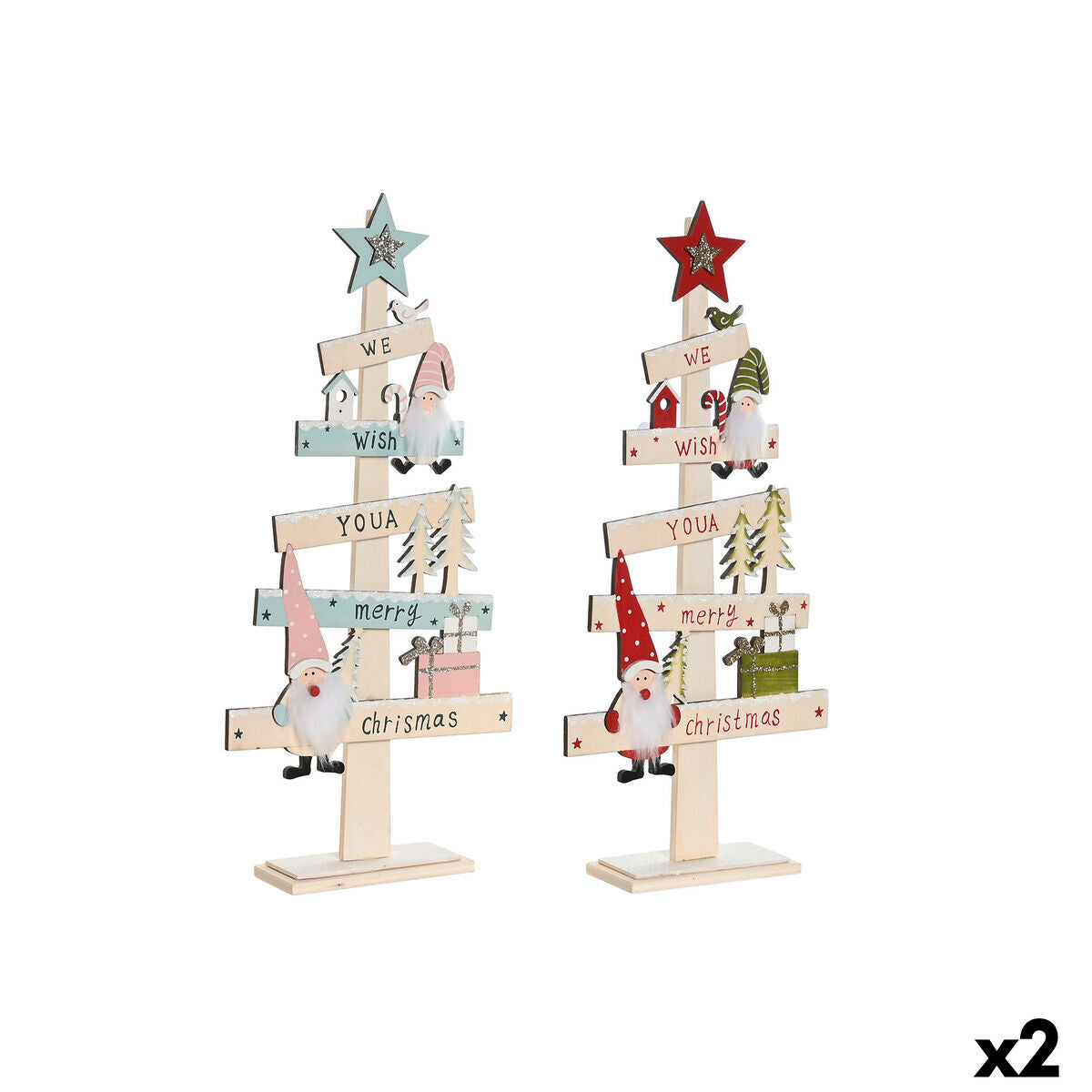 DKD Home Decor Christmas Tree, Red Pink, Wood, 17.5 x 5 x 38 cm (2 Units)