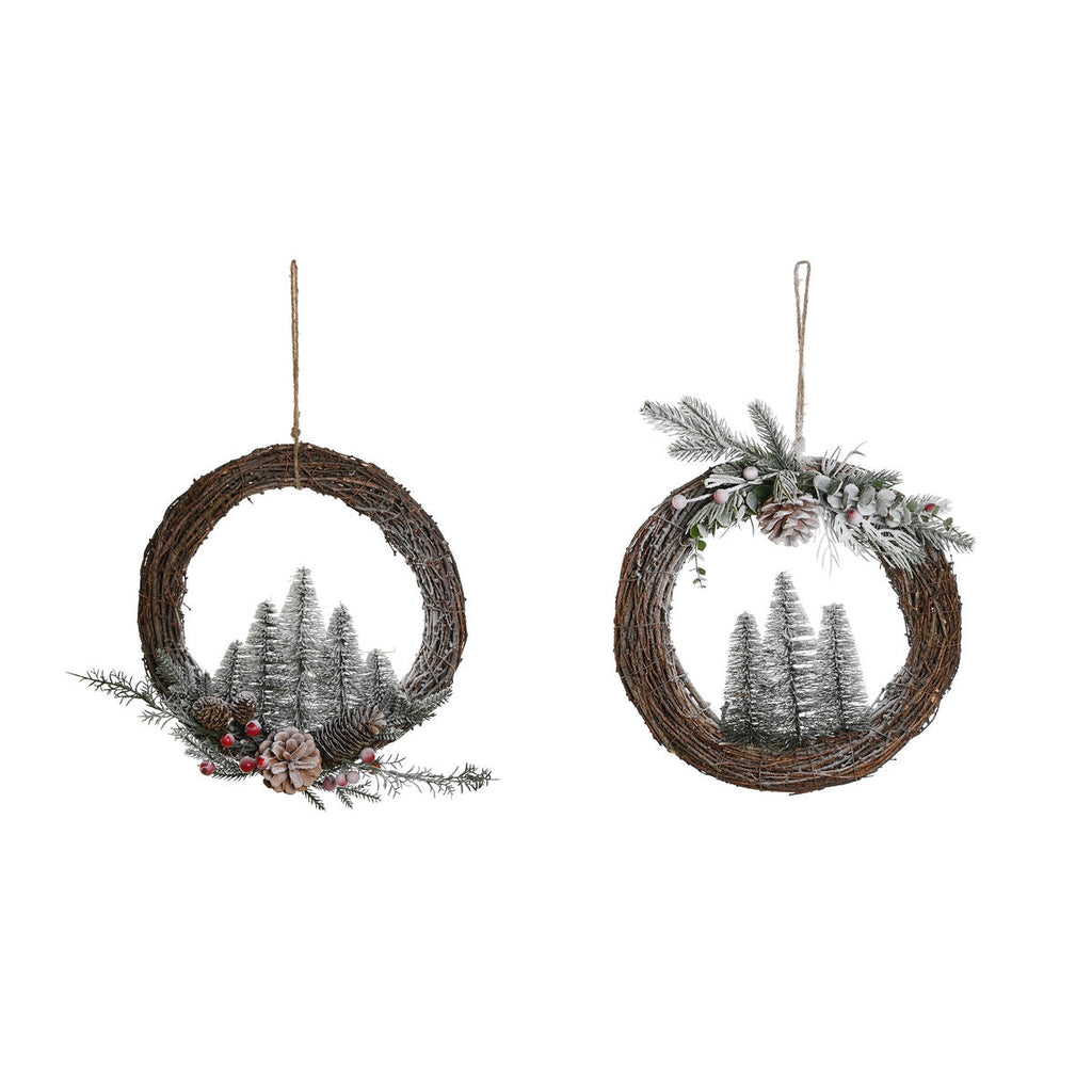 DKD Home Decor Natural Wicker Pineapple Snowy Christmas Wreath 32 x 7 x 32 cm (2 Units)