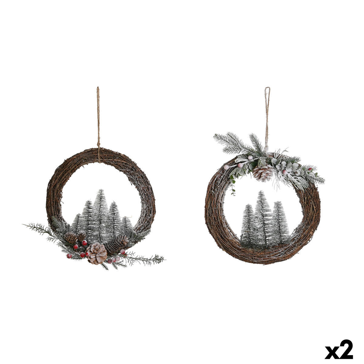 DKD Home Decor Natural Wicker Pineapple Snowy Christmas Wreath 32 x 7 x 32 cm (2 Units)