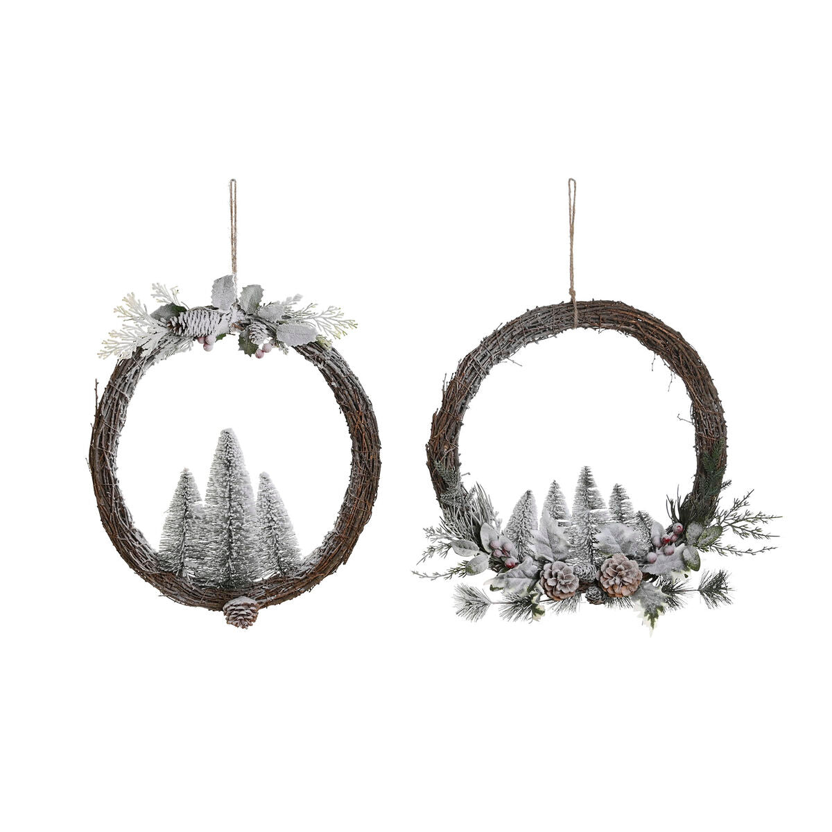 DKD Home Decor Natural Wicker Pineapple Snowy Christmas Wreath 46 x 7 x 46 cm (2 Units)
