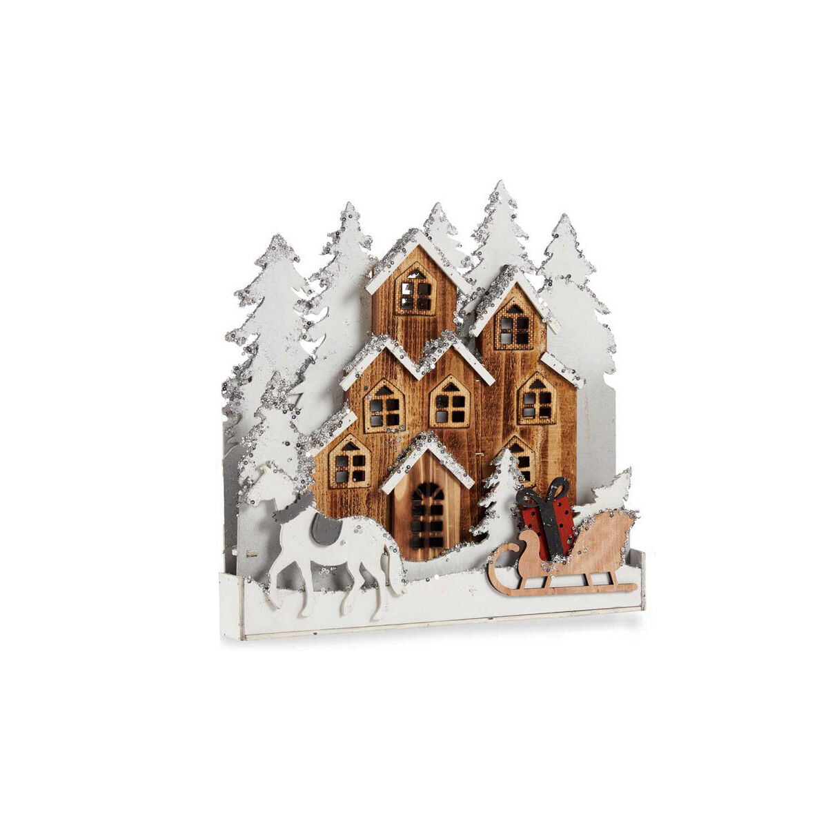 Decorative Figure, White/Brown Wood, Village, 44 x 44.5 x 6 cm, Christmas