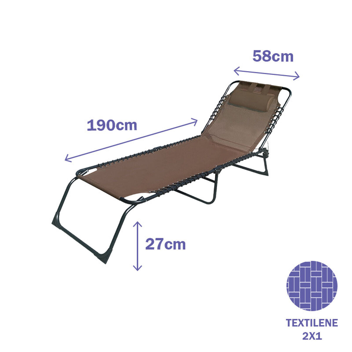 Silla plegable de acero Marbueno con cojín para jardín y piscina 190X58X27 cm Marrón 10001