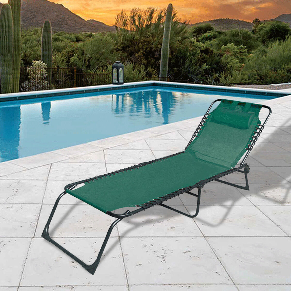 Silla plegable de acero Marbueno con cojín para jardín y piscina 190X58X27 cm Verde 10002