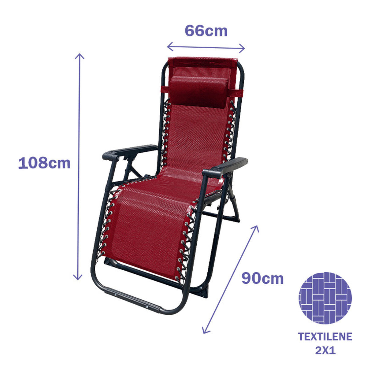 Marbueno Folding Steel Chair with Cushion for Garden and Pool 90X66X108 cm Zero Gravity Burdeos 10010