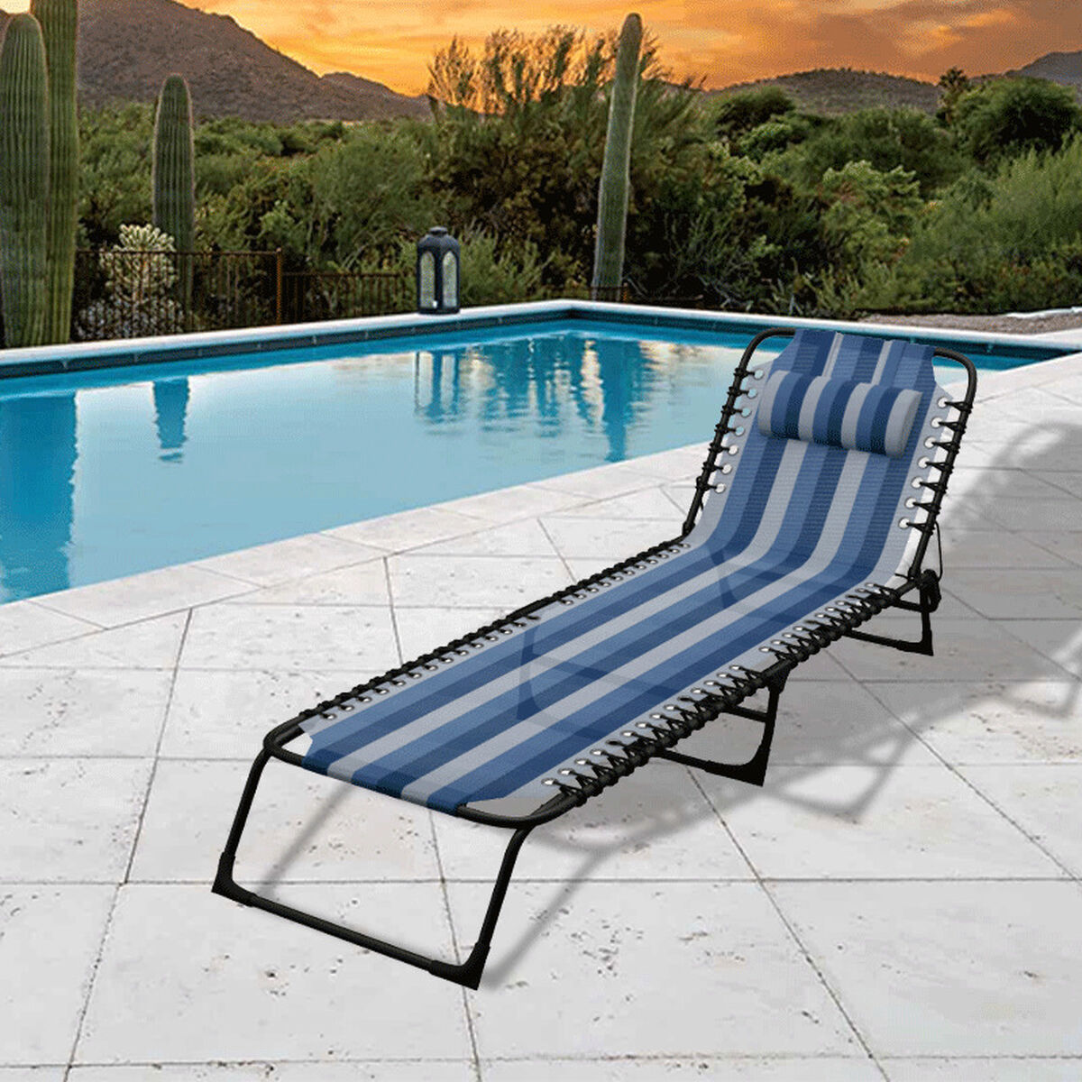 Silla Plegable de Acero Marbueno con Cojín para Jardín y Piscina 190X58X27 cm Rayas Azules 10171