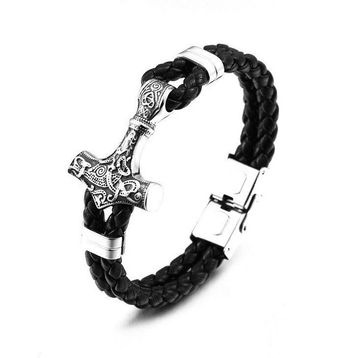 Thor's Hammer Bracelet in Leather and 316L Stainless Steel