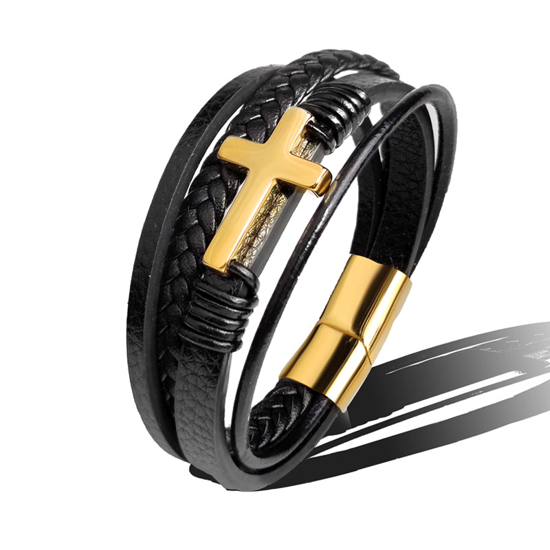 Leather and Stainless Steel Cross Bracelet
