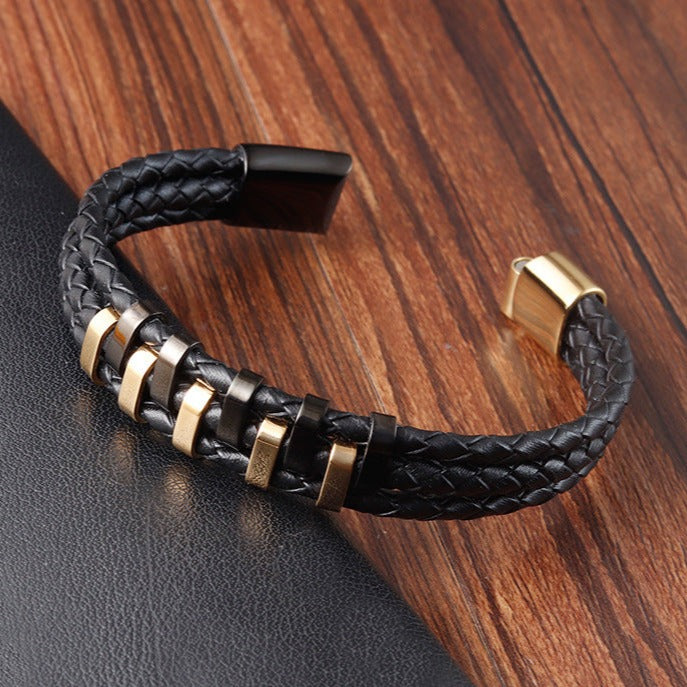 Pulseira de Couro e Aço Inoxidável