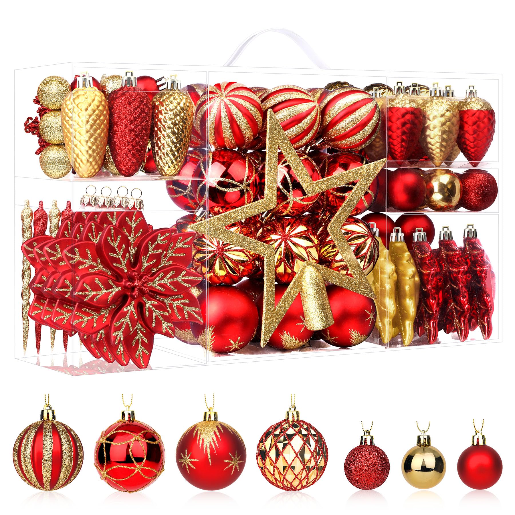 SHareconn 2025 New Set of 106 Christmas Ornaments, Shatterproof Plastic Decorative Ornaments for Christmas Tree Decoration, Ruby Red and Gold