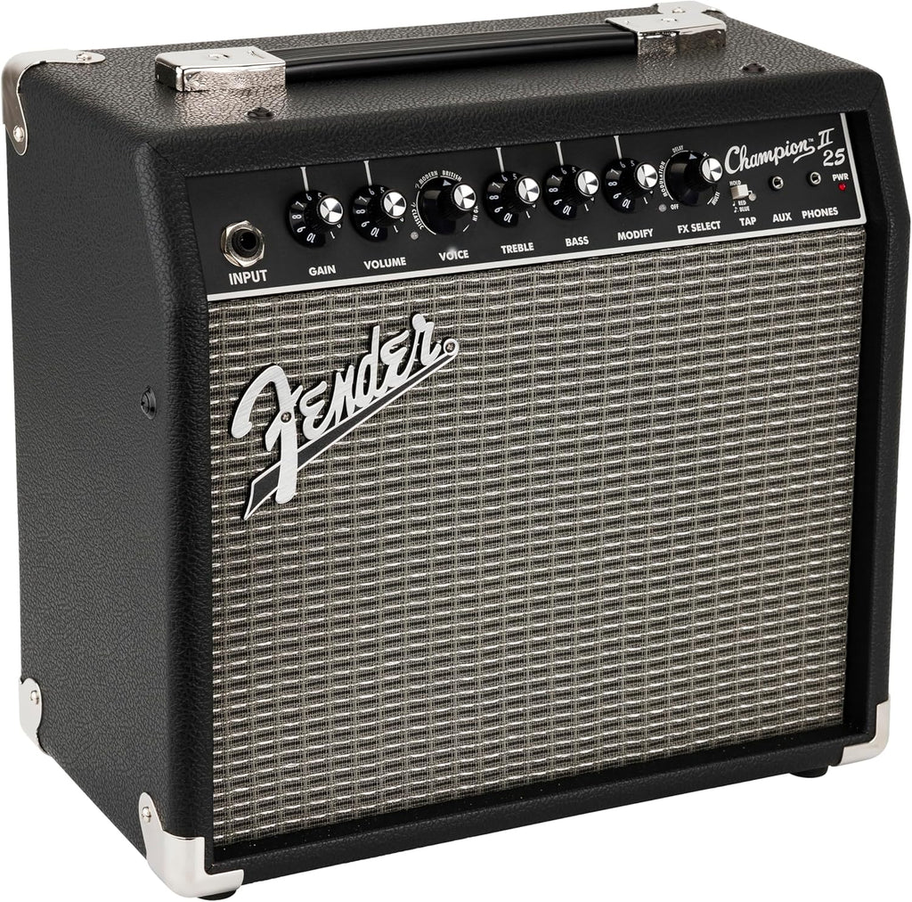 Fender Champion II 25, Amplificador Combo para Guitarra, 25W, Adaptado para Guitarra Eléctrica, Más Potencia, Efectos y Modelos de Amplificador Mejorados, Negro/Plata