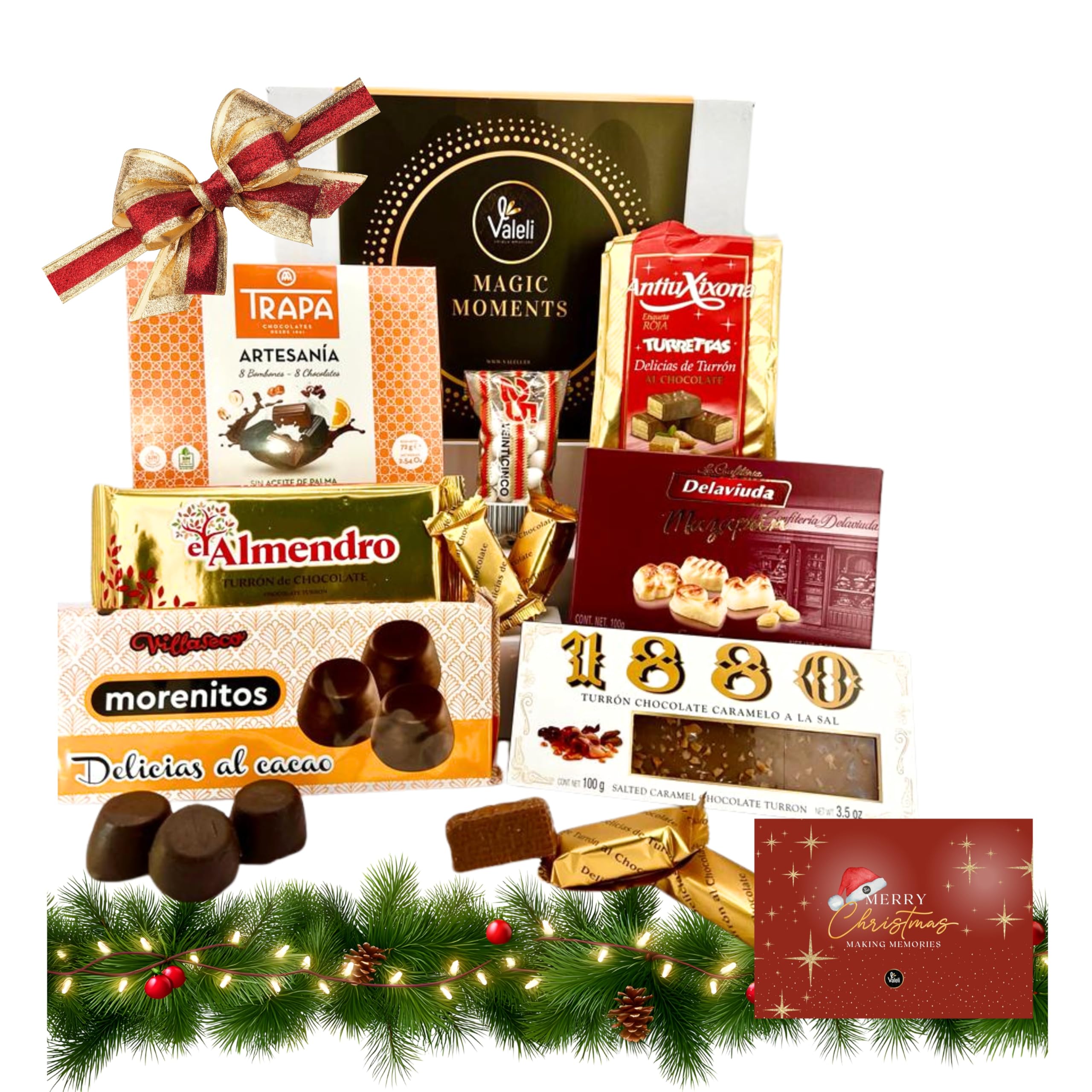 VALELI. Lotes de Natal para oferecer. Presente de Natal caixa Gourmet: doces, chocolates, polvorones. Presente de empresa cesta de Natal (Natal castanhos com licóres)