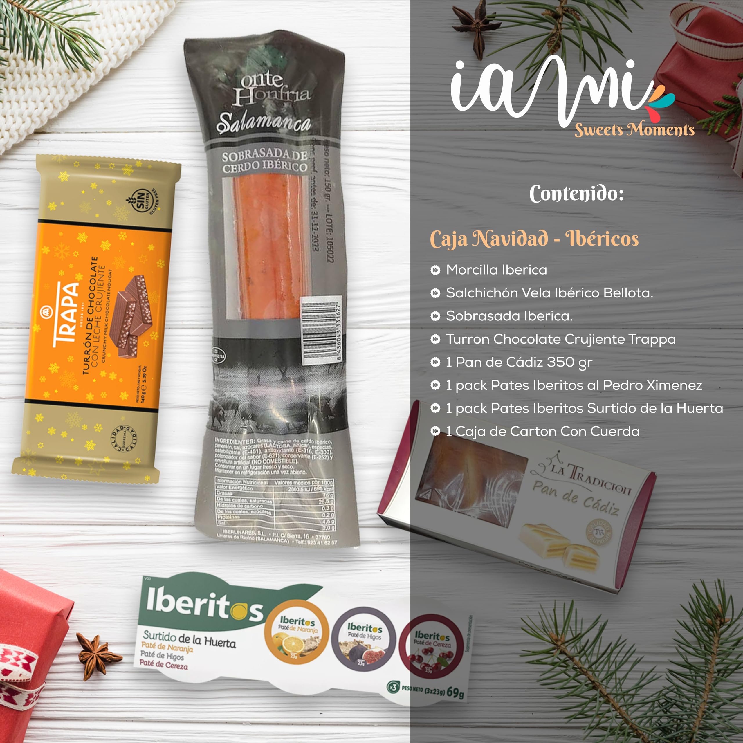 Cesto Gourmet para oferecer M | Perfeita como presente cesta de Natal para empresas, presunto ibérico de isca vinho tempranillo creme de morcela e creme de sobretudo par par PX pack polvones e balões