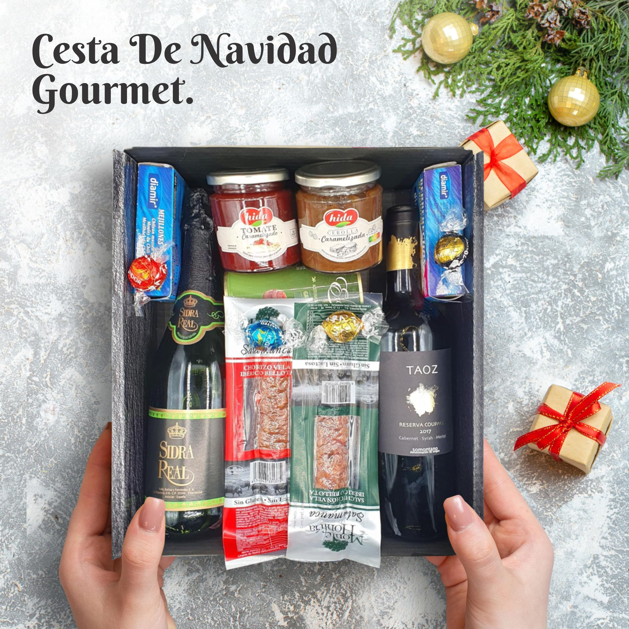 Cesto Gourmet para oferecer M | Perfeita como presente cesta de Natal para empresas, presunto ibérico de isca vinho tempranillo creme de morcela e creme de sobretudo par par PX pack polvones e balões