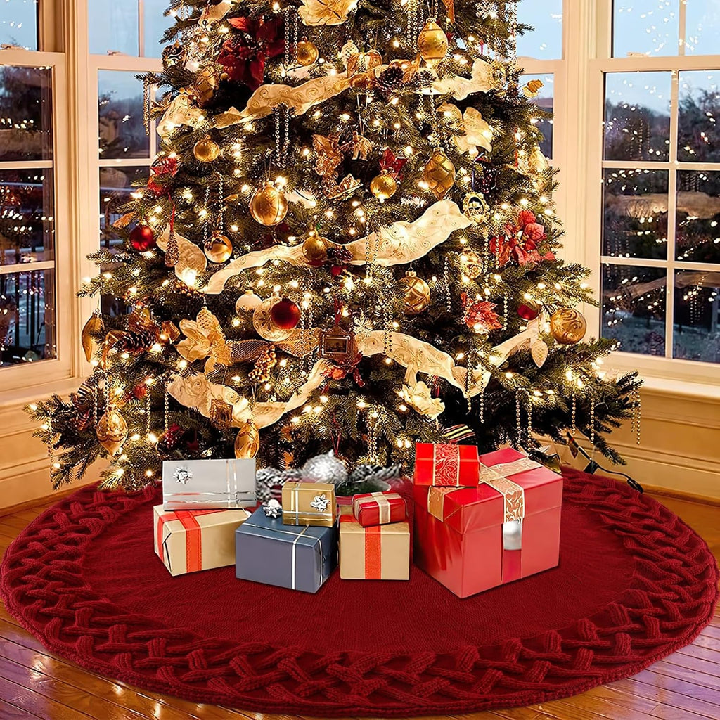 Dremisland Saia grande para árvore de Natal 92 cm saia de árvore rústica tecida de malha neve esteira de saia de bordeaux tapete redondo tapete para férias ano novo