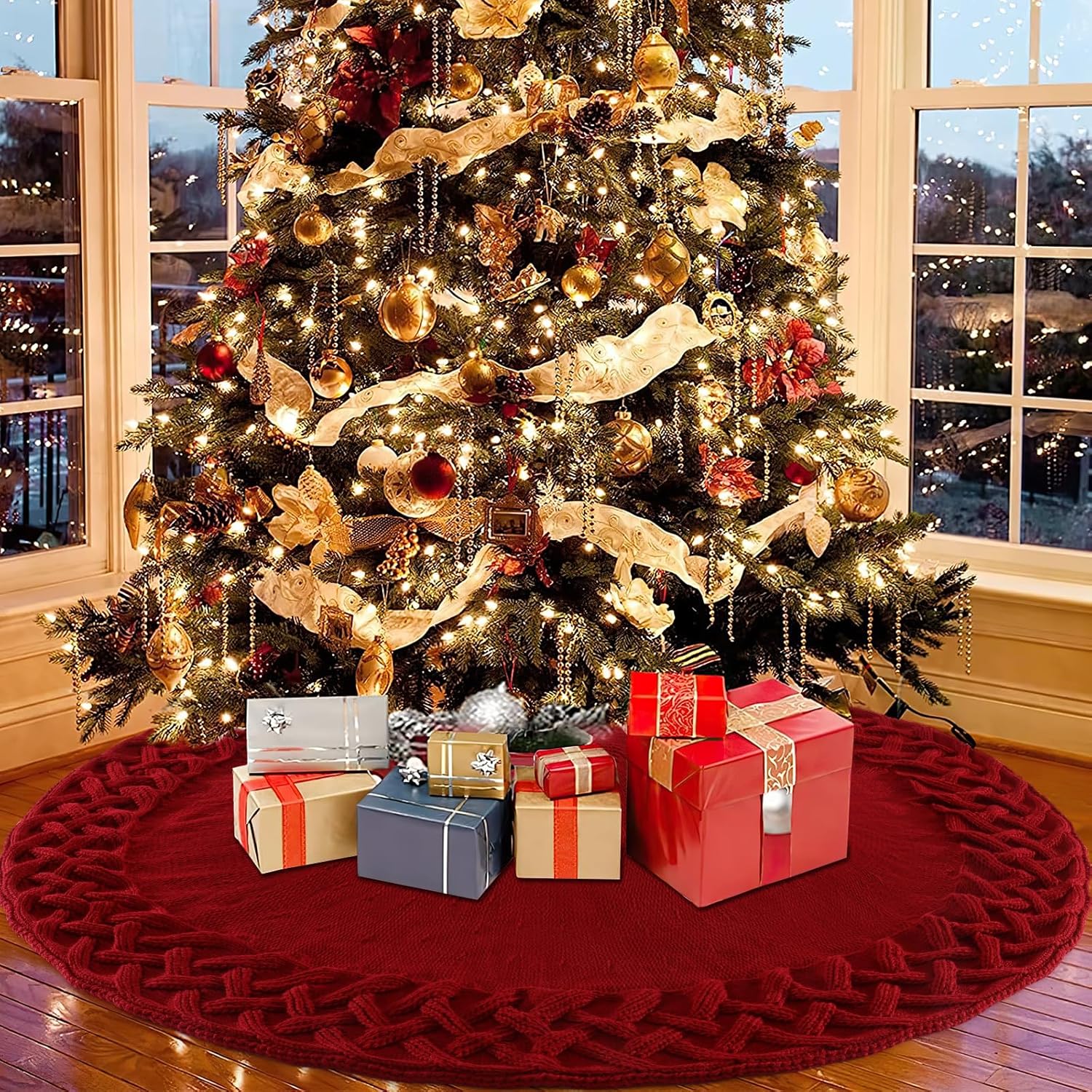 Dremisland Saia grande para árvore de Natal 92 cm saia de árvore rústica tecida de malha neve esteira de saia de bordeaux tapete redondo tapete para férias ano novo