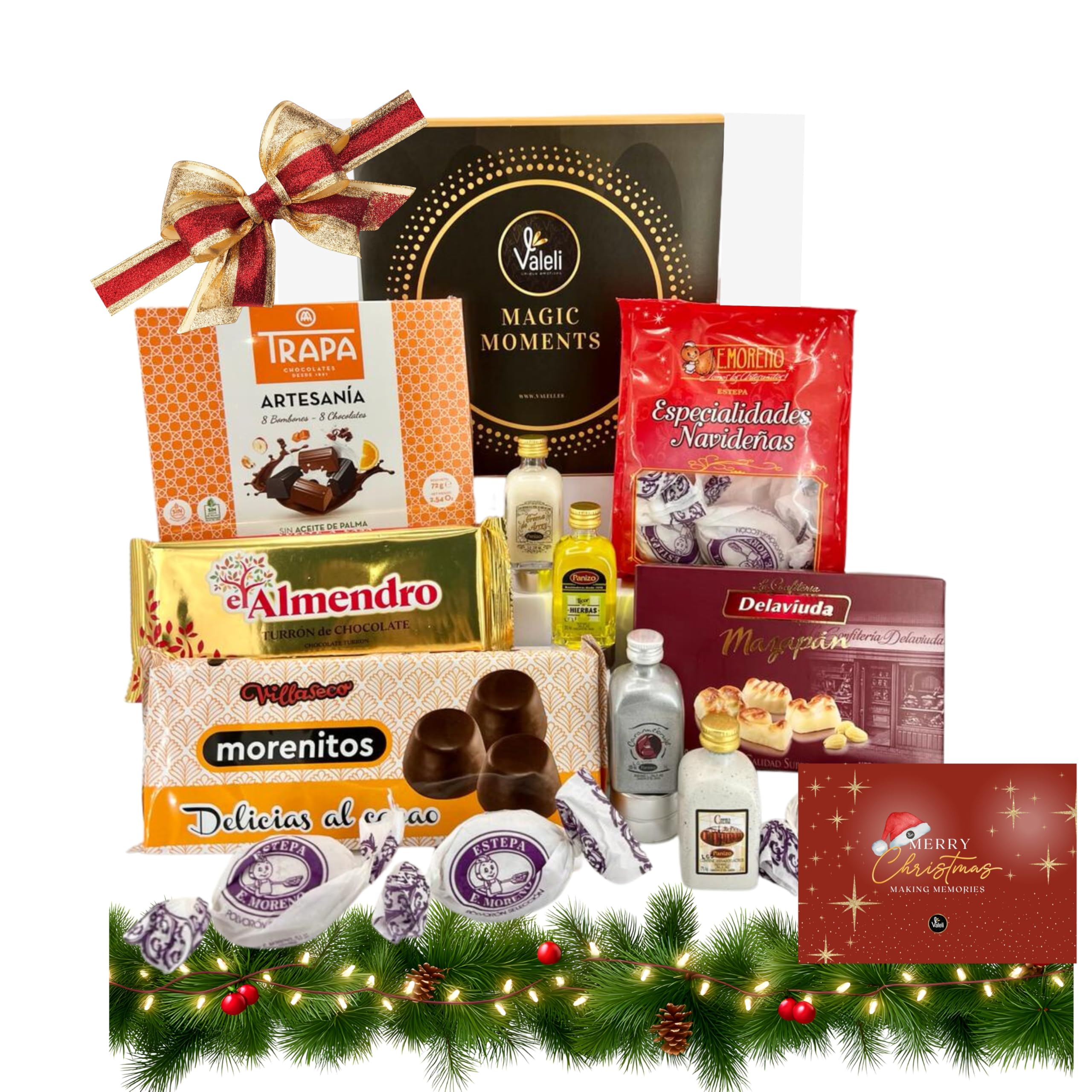 VALELI. Lotes de Natal para oferecer. Presente de Natal caixa Gourmet: doces, chocolates, polvorones. Presente de empresa cesta de Natal (Natal castanhos com licóres)