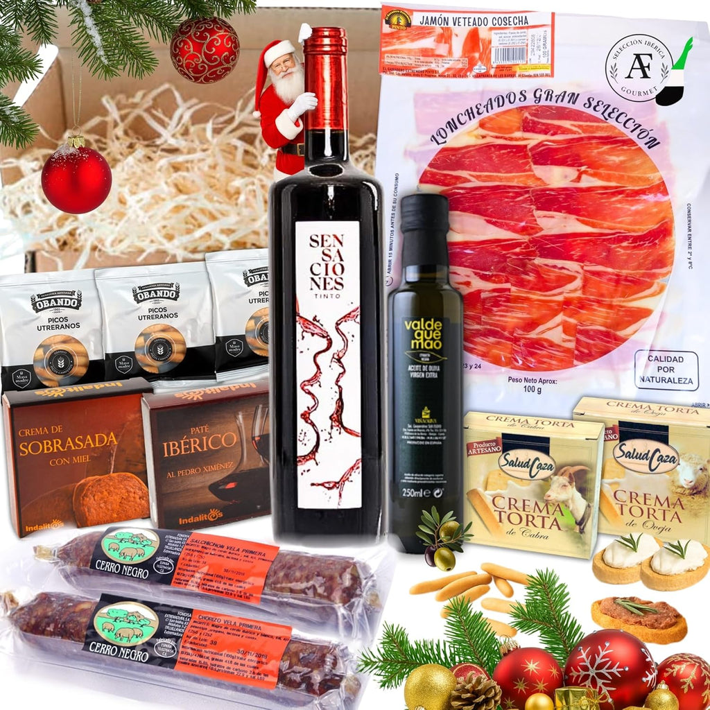 AF - Cesto gourmet para oferecer com vinho sensações de 75 cl, variedade de ibéricos, queijos cremes, OVE, patê de Pedro Ximenez, sobrasada e picos artesanais, cesta de Natal com presunto