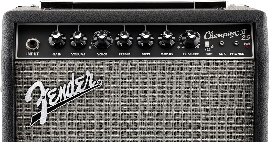 Fender Champion II 25, Amplificador Combo para Guitarra, 25W, Adaptado para Guitarra Eléctrica, Más Potencia, Efectos y Modelos de Amplificador Mejorados, Negro/Plata