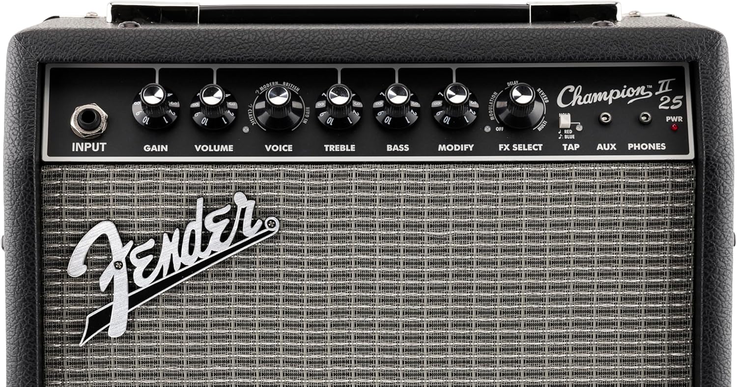 Fender Champion II 25, Amplificador Combo para Guitarra, 25W, Adaptado para Guitarra Eléctrica, Más Potencia, Efectos y Modelos de Amplificador Mejorados, Negro/Plata