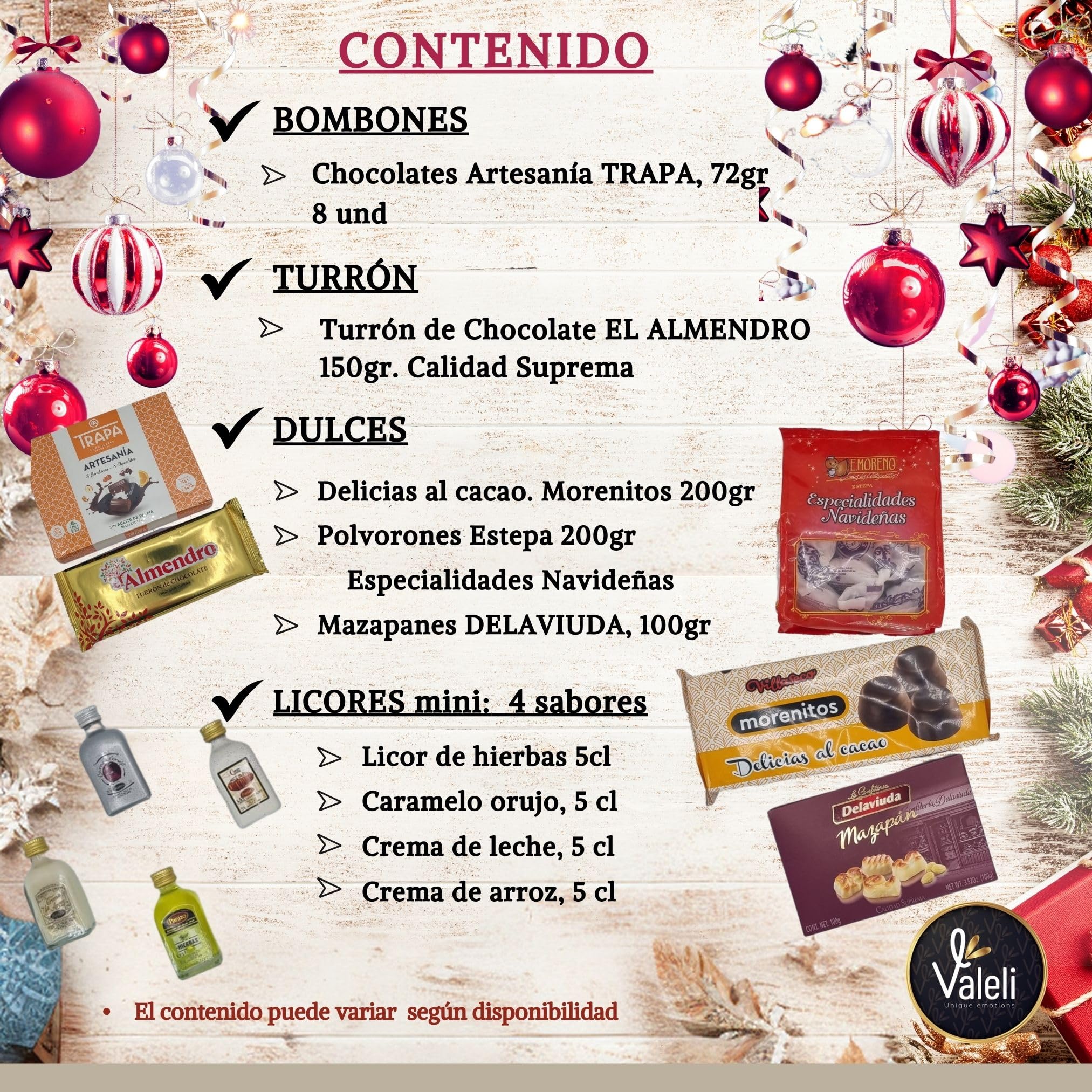 VALELI. Lotes de Natal para oferecer. Presente de Natal caixa Gourmet: doces, chocolates, polvorones. Presente de empresa cesta de Natal (Natal castanhos com licóres)
