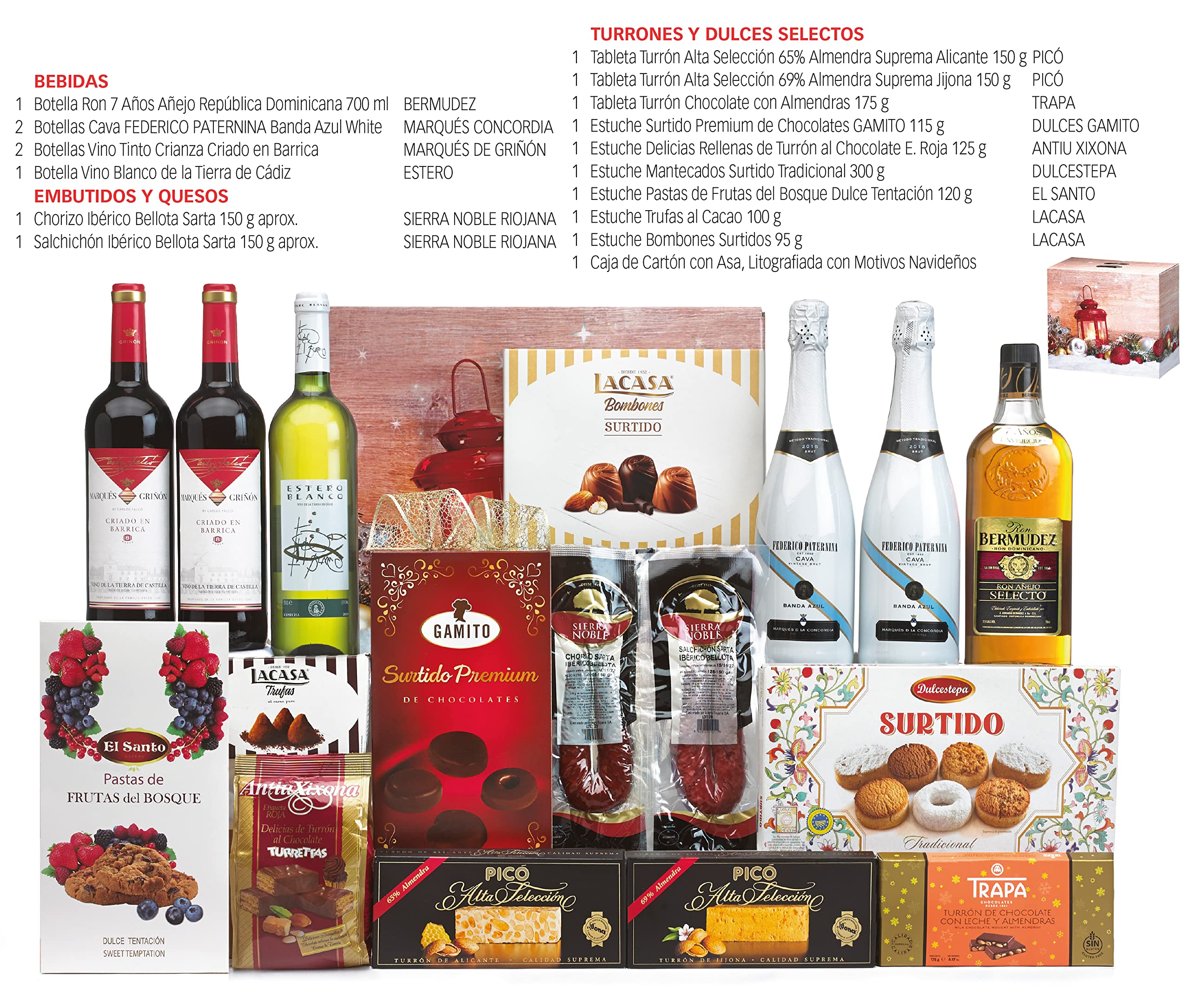 Christmas Basket with Gourmet Ham 2025 (Lot 217) · With Red and White Wine Rioja, Cava, Gin, Beer, Sweets and Iberian · Includes Customizable Card · Ideal Corporate or Family Gift