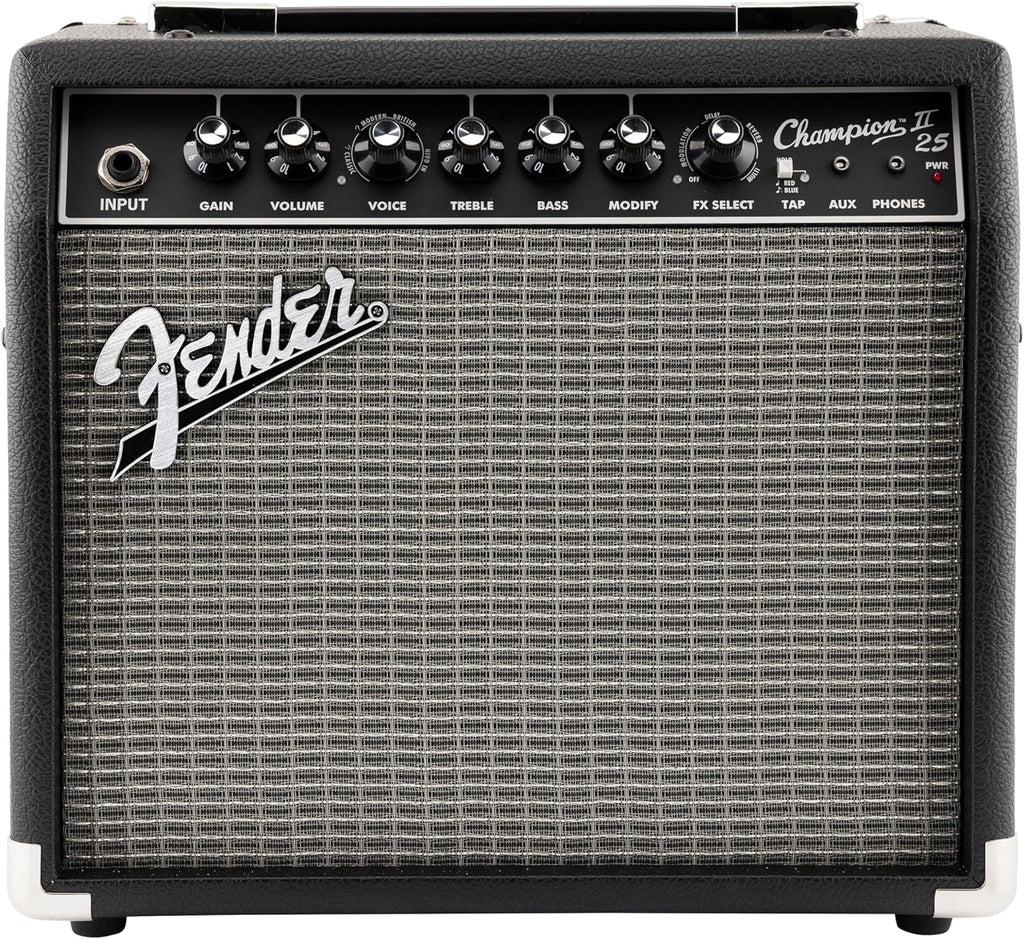 Fender Champion II 25, Amplificador Combo para Guitarra, 25W, Adaptado para Guitarra Eléctrica, Más Potencia, Efectos y Modelos de Amplificador Mejorados, Negro/Plata