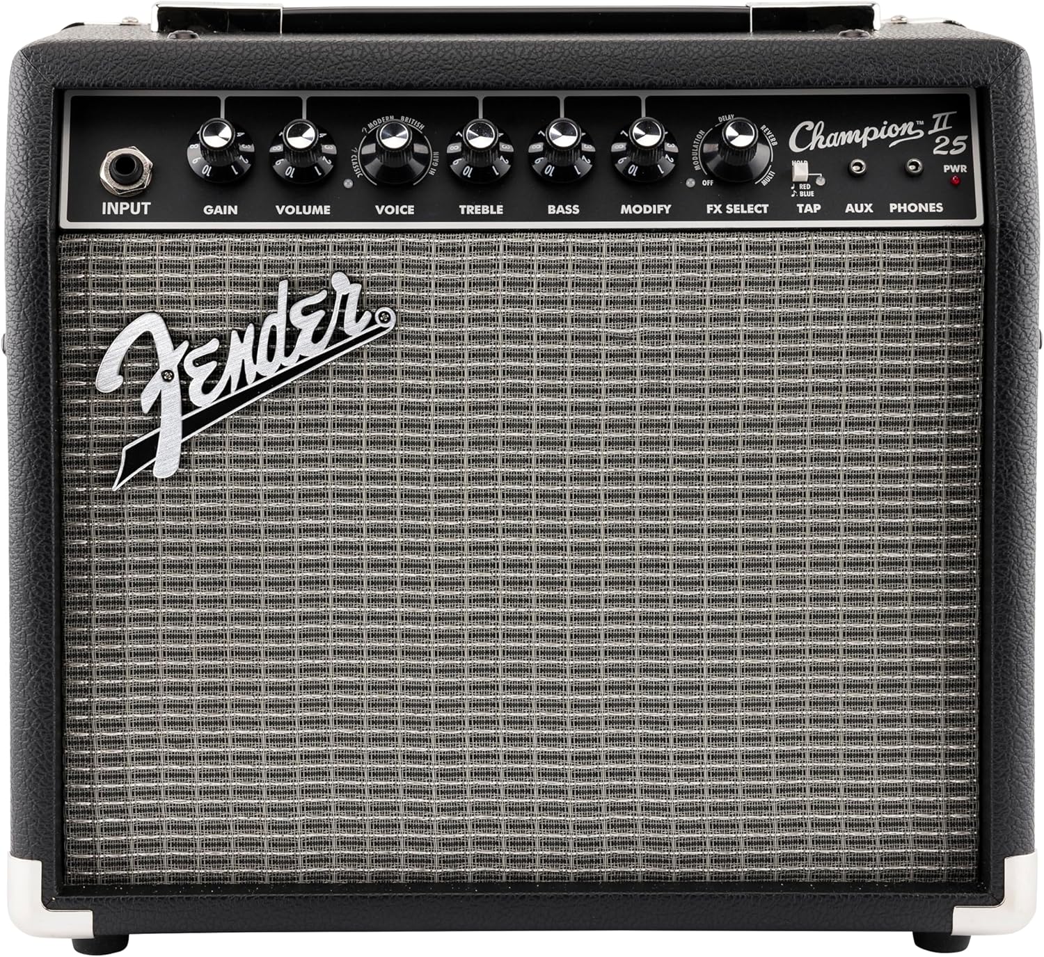 Fender Champion II 25, Amplificador Combo para Guitarra, 25W, Adaptado para Guitarra Eléctrica, Más Potencia, Efectos y Modelos de Amplificador Mejorados, Negro/Plata