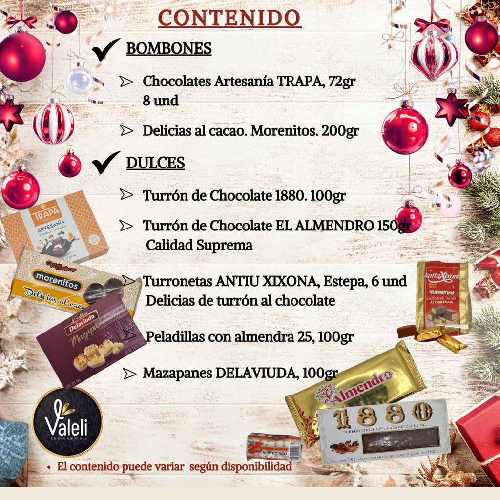 VALELI. Lotes de Natal para oferecer. Presente de Natal caixa Gourmet: doces, chocolates, polvorones. Presente de empresa cesta de Natal (Natal castanhos com licóres)