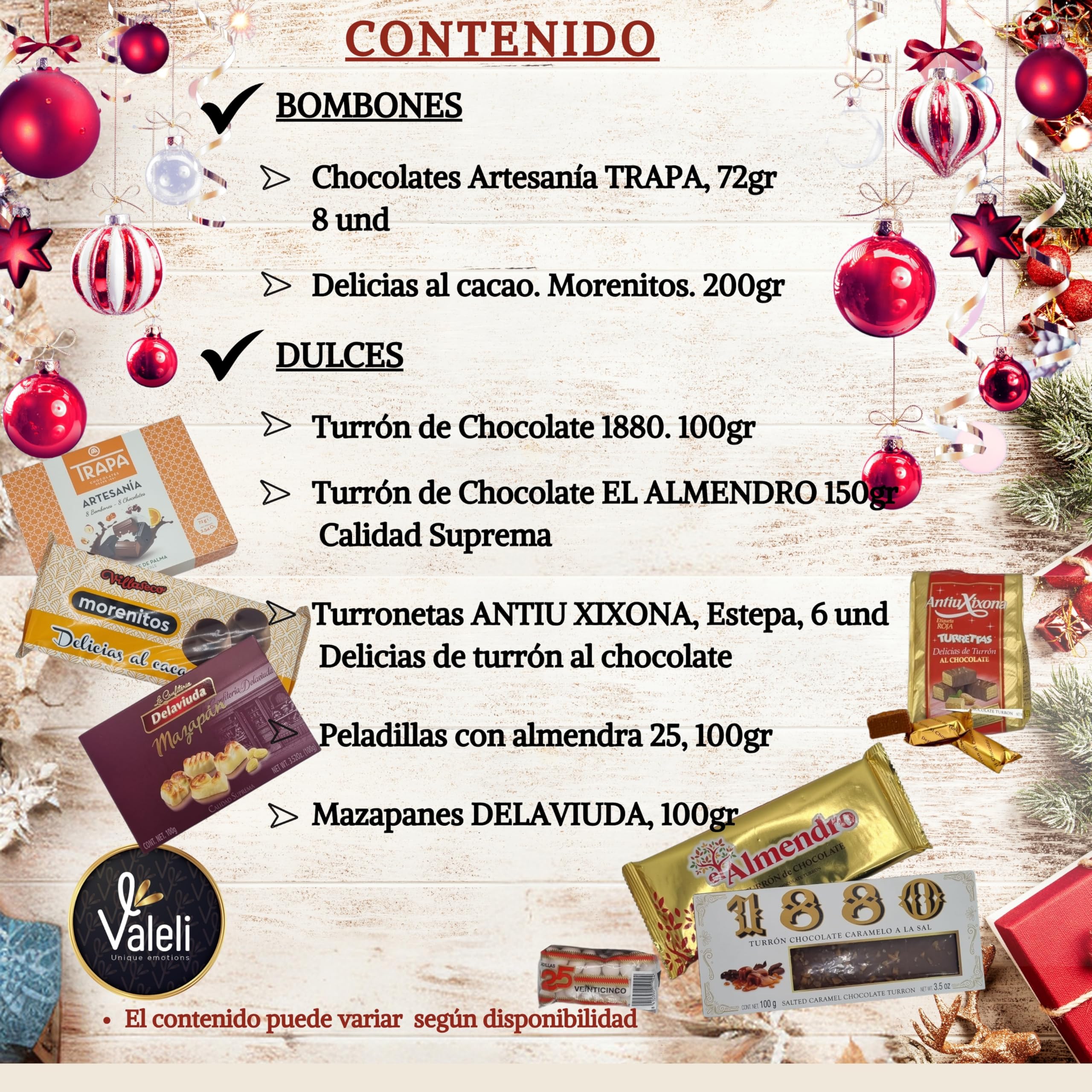 VALELI. Lotes de Natal para oferecer. Presente de Natal caixa Gourmet: doces, chocolates, polvorones. Presente de empresa cesta de Natal (Natal castanhos com licóres)