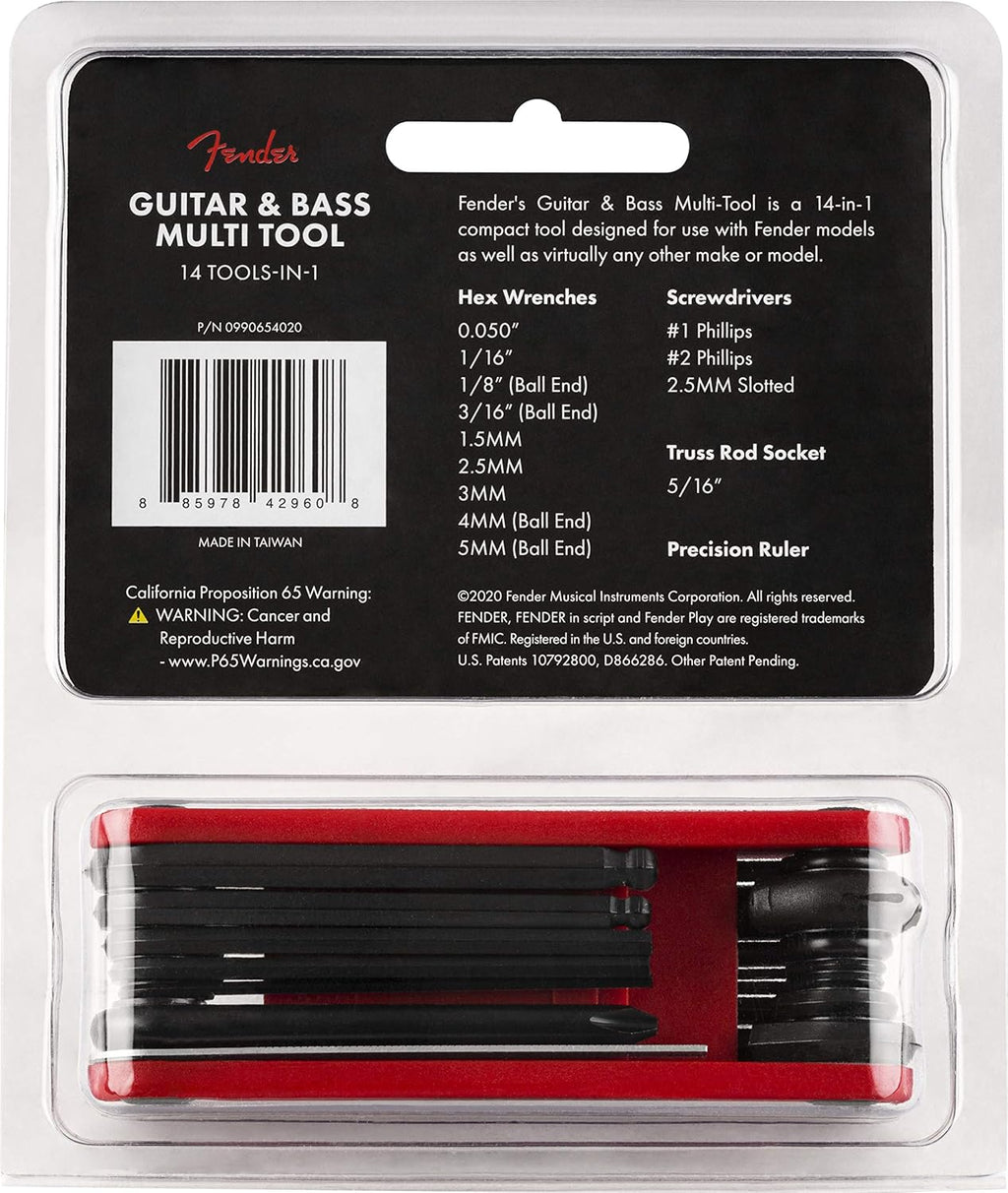 Fender Guitar,Bass Multi-Tool, 14-in-1 Maintenance Tool with Hex Wrenches, Screwdrivers, Truss Rod Socket, Durable Chrome Vanadium, Compact Design, Red