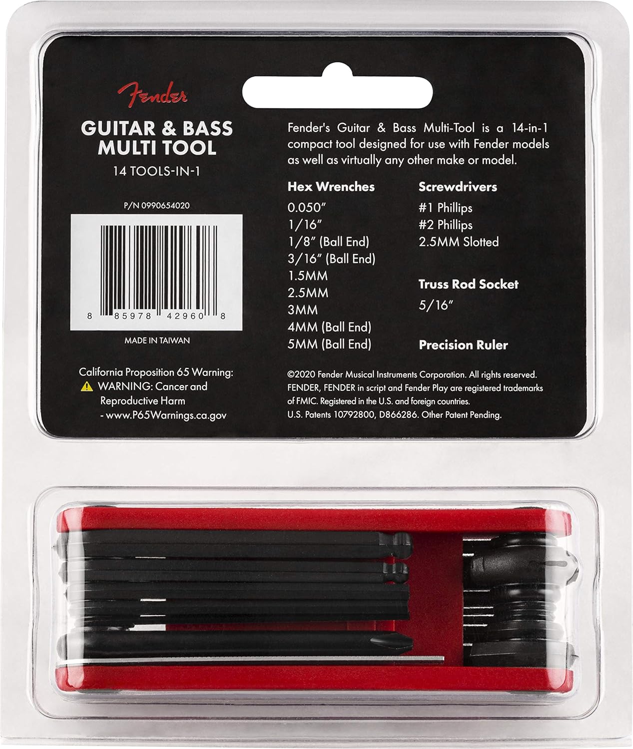 Fender Guitar,Bass Multi-Tool, 14-in-1 Maintenance Tool with Hex Wrenches, Screwdrivers, Truss Rod Socket, Durable Chrome Vanadium, Compact Design, Red