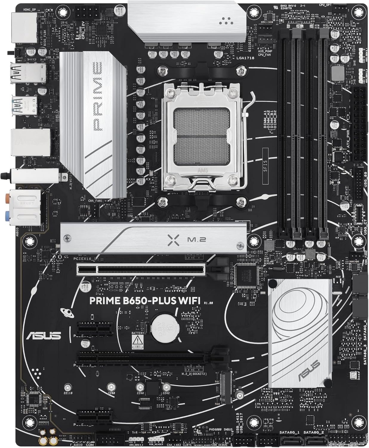 ASUS Prime B650-PLUS WiFi, AMD B650 ATX Motherboard, DDR5, PCIe 5.0 M.2, Realtek 2.5Gb Ethernet, WiFi 6E, DisplayPort, HDMI, SATA 6Gbps, USB 10Gbps Type-C, BIOS Flashback, Thunderbolt 4, Aura Sync