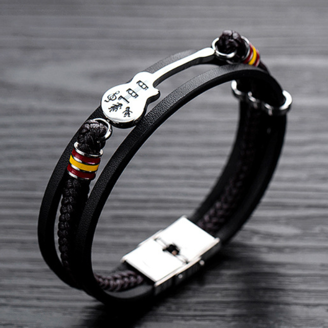 Pulseira de Couro e Aço Inoxidável Guitarra