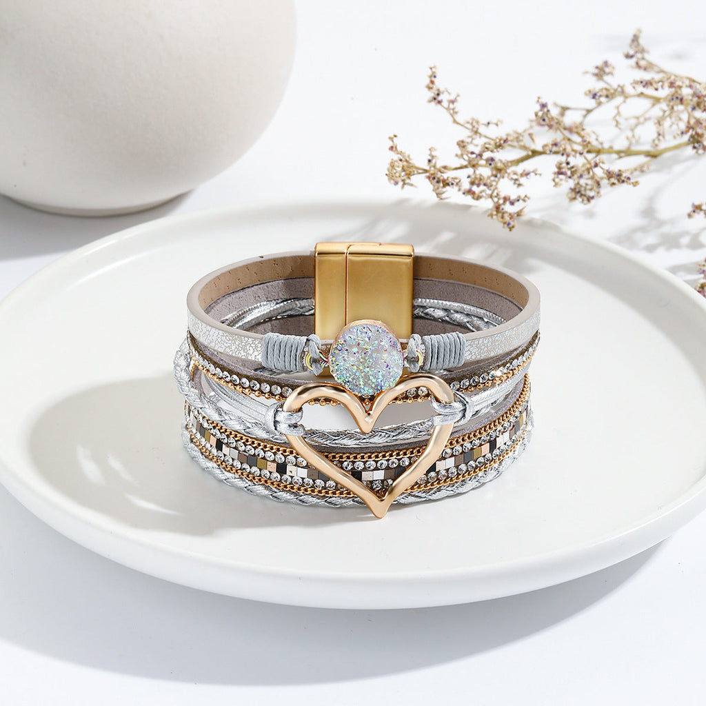 Pulseira Boêmia de Couro e Pedra Natural