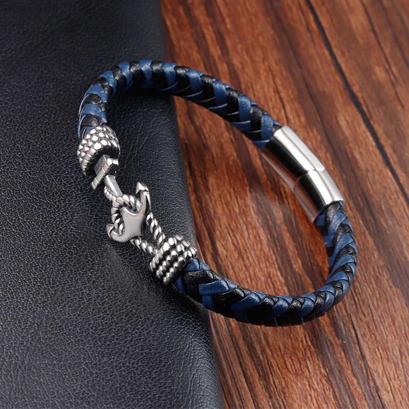 Pulseira Âncora de Couro e Aço Inoxidável