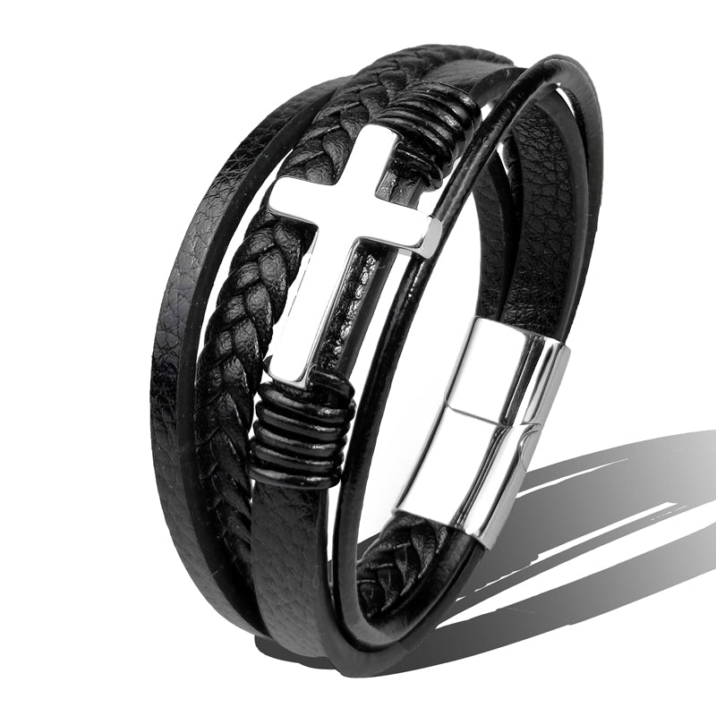 Leather and Stainless Steel Cross Bracelet