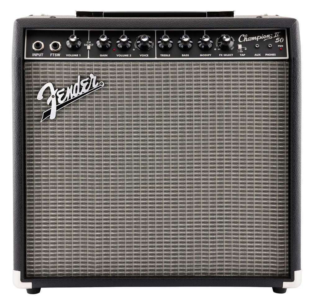 Fender Champion II 25, Amplificador Combo para Guitarra, 25W, Adaptado para Guitarra Eléctrica, Más Potencia, Efectos y Modelos de Amplificador Mejorados, Negro/Plata