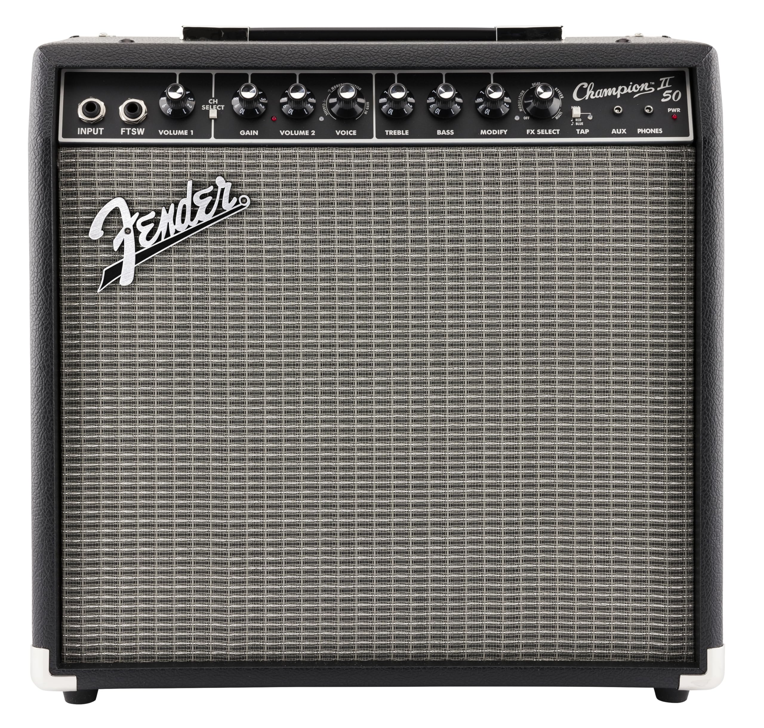 Fender Champion II 25, Amplificador Combo para Guitarra, 25W, Adaptado para Guitarra Eléctrica, Más Potencia, Efectos y Modelos de Amplificador Mejorados, Negro/Plata