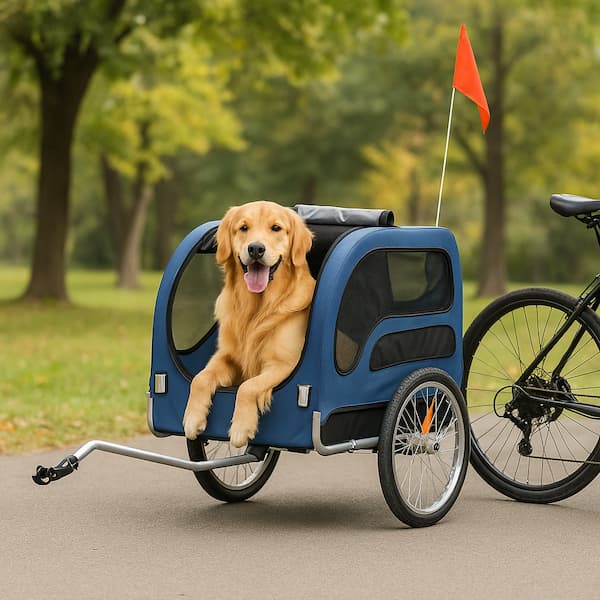 Heavy-Duty Dog Bike Trailer – Foldable Pet Bicycle Carrier with Reflectors, Safety Flag & Coupler (Up to 100 lbs)