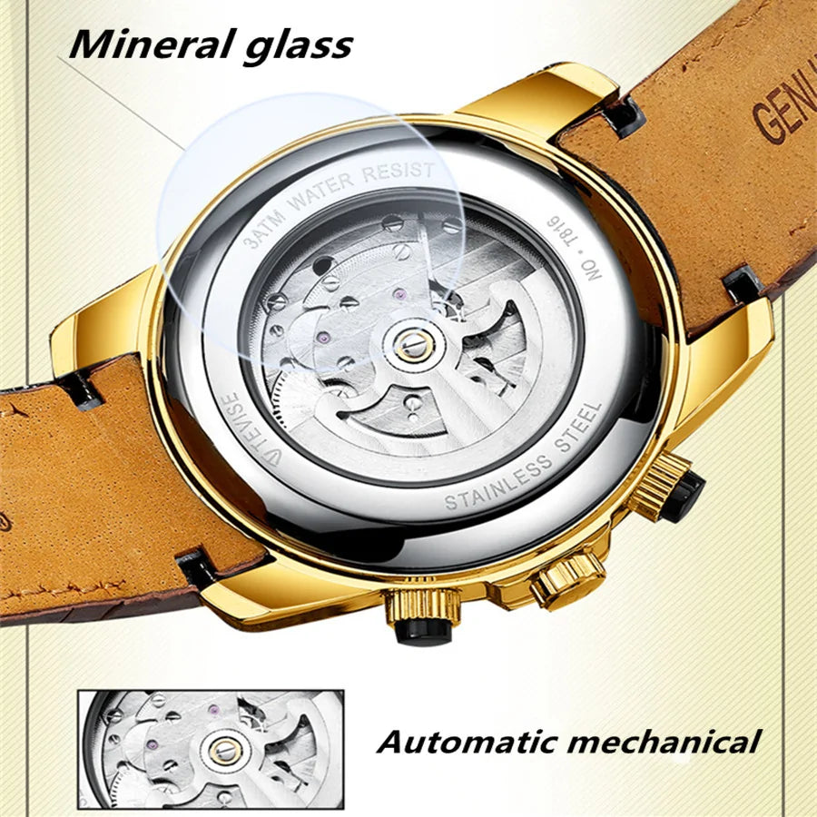 Luxury Men's Water Resistant Watch – Automatic Skeleton Dial &amp; Genuine Leather Strap