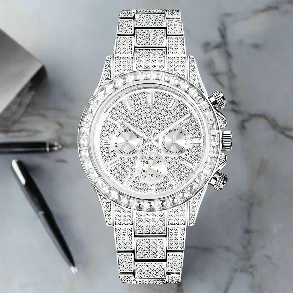 Luxury Iced Out Watch with Rainbow Bracelet – Men's Stainless Steel Timepiece