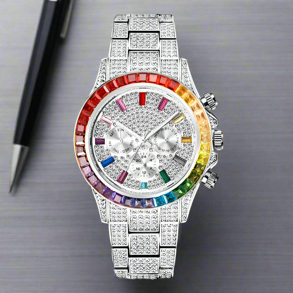 Luxury Iced Out Watch with Rainbow Bracelet – Men's Stainless Steel Timepiece