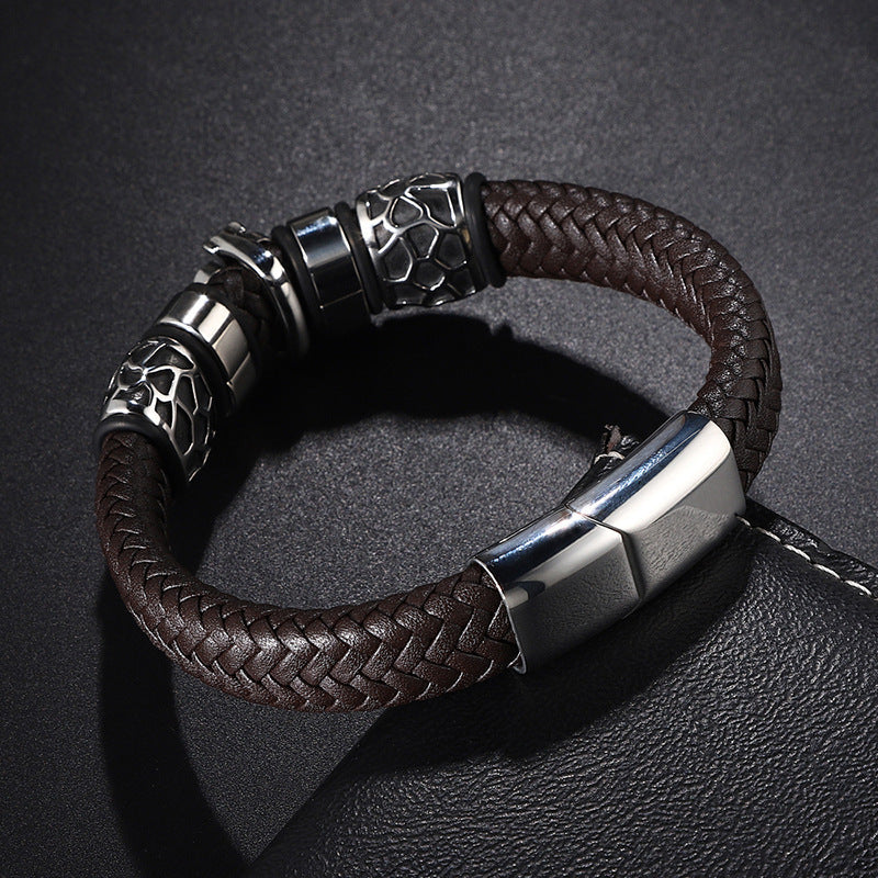 Pulseira de Couro e Aço Inoxidável