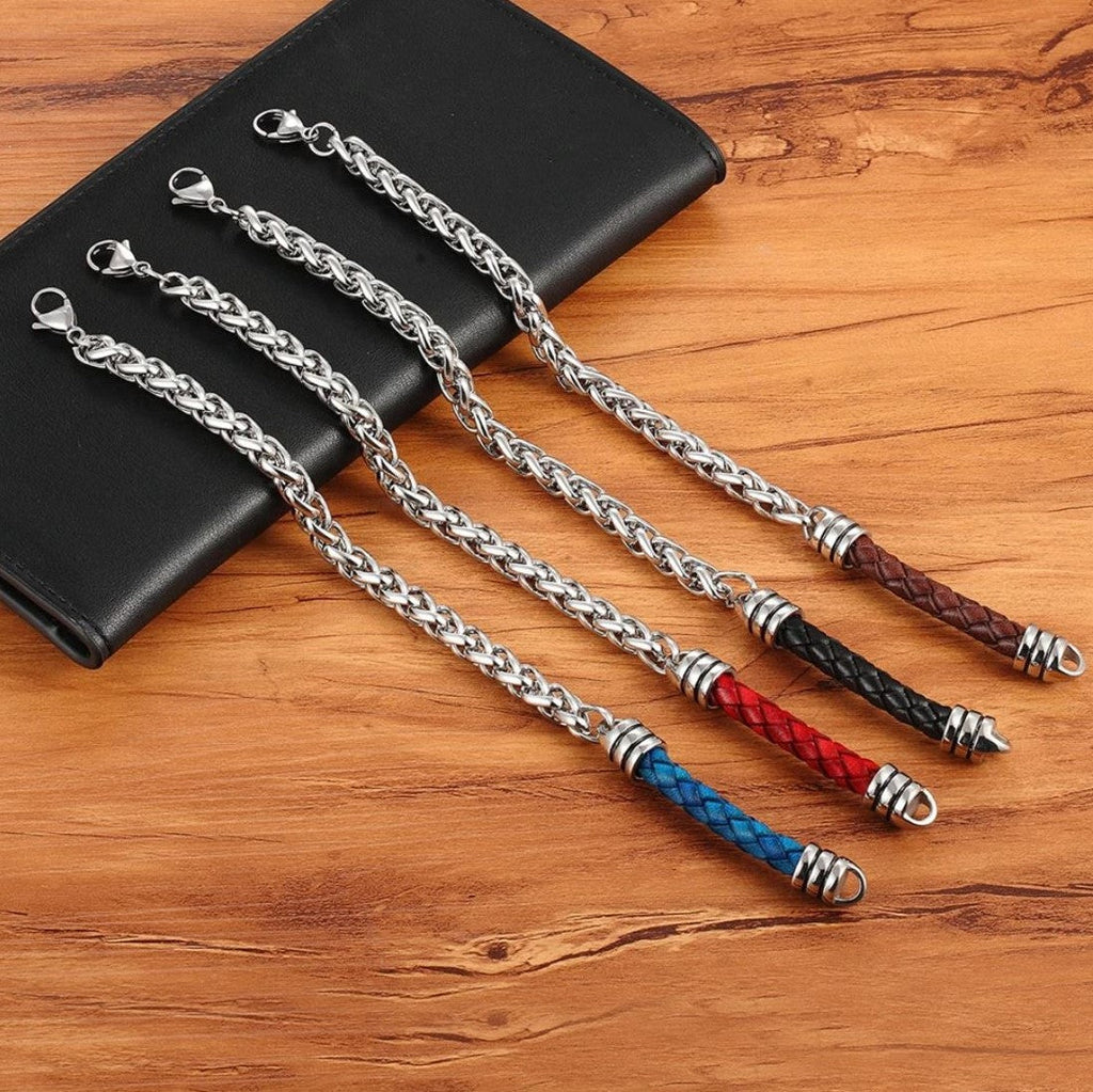 Pulseira de Couro e Aço Inoxidável