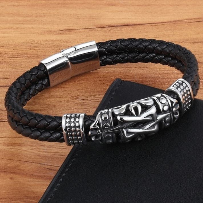 Pulseira de Couro e Aço Inoxidável