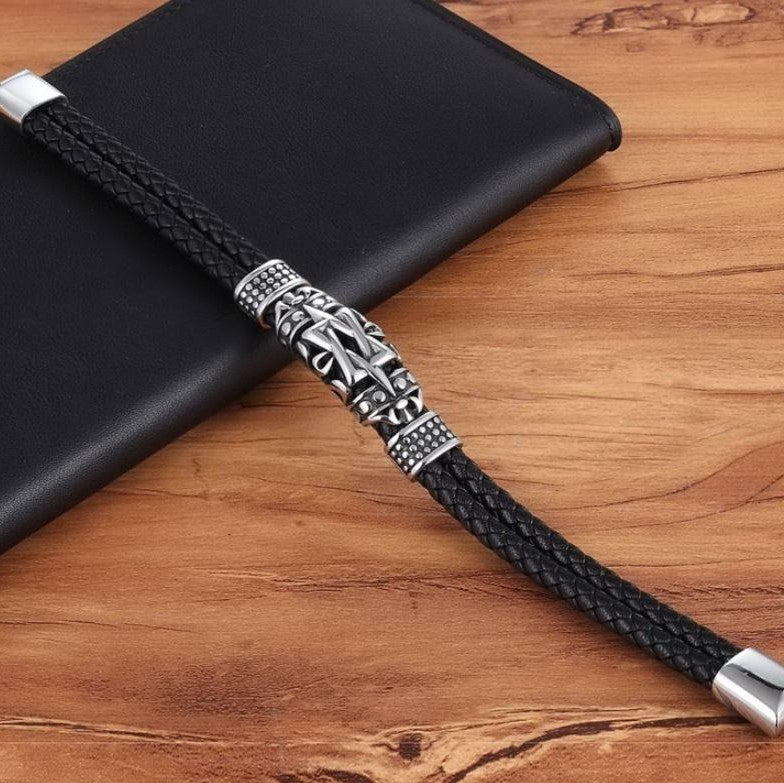 Pulseira de Couro e Aço Inoxidável