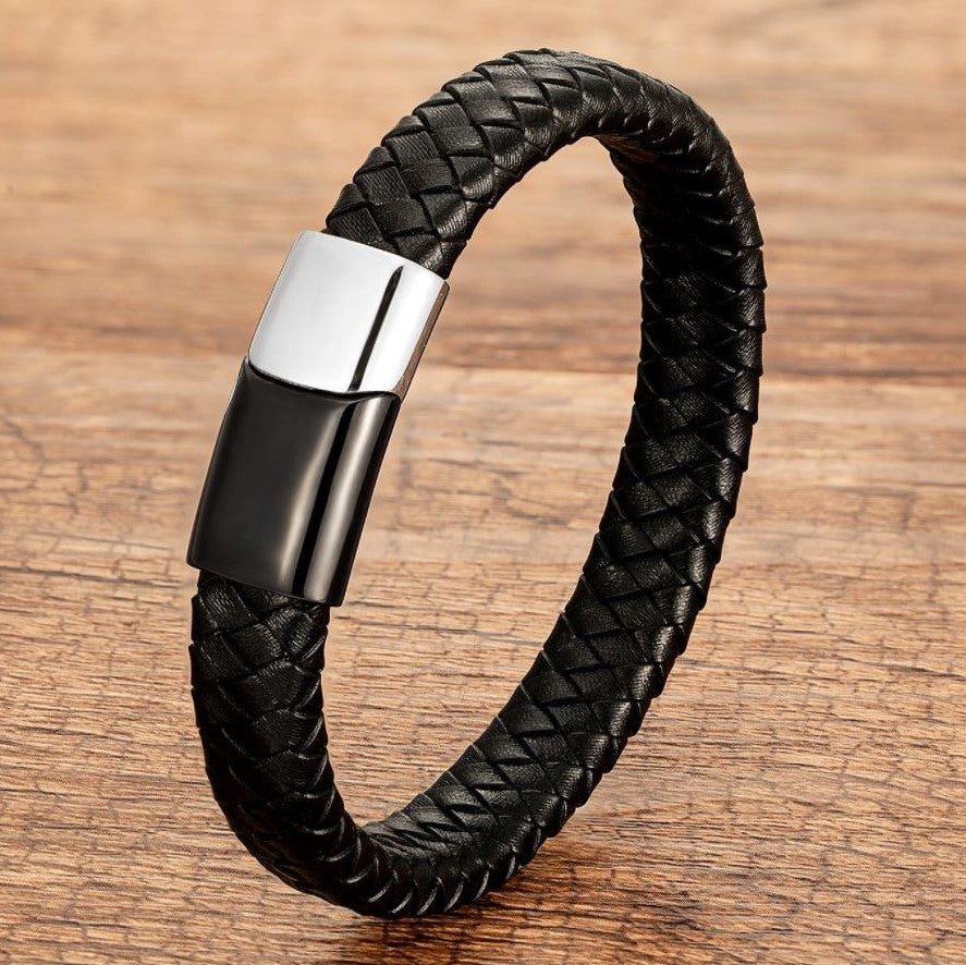 Pulseira de Couro e Aço Inoxidável