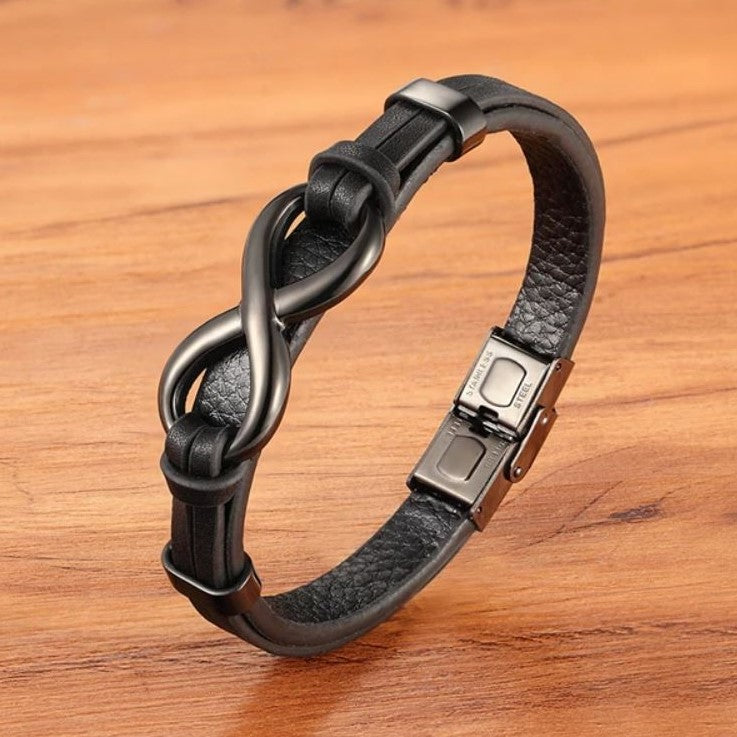 Pulseira de Couro e Aço Inoxidável Infinito
