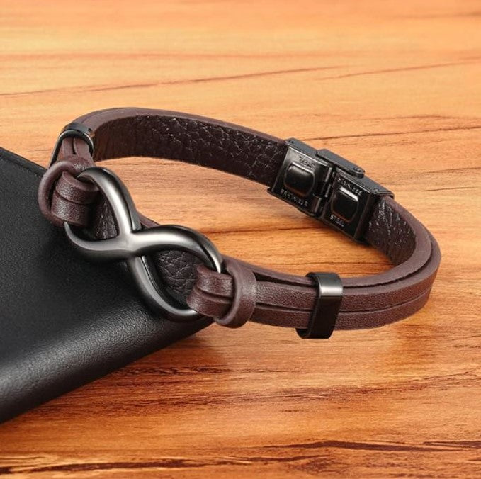 Pulseira de Couro e Aço Inoxidável Infinito