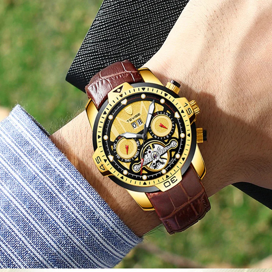 Luxury Men's Water Resistant Watch – Automatic Skeleton Dial &amp; Genuine Leather Strap